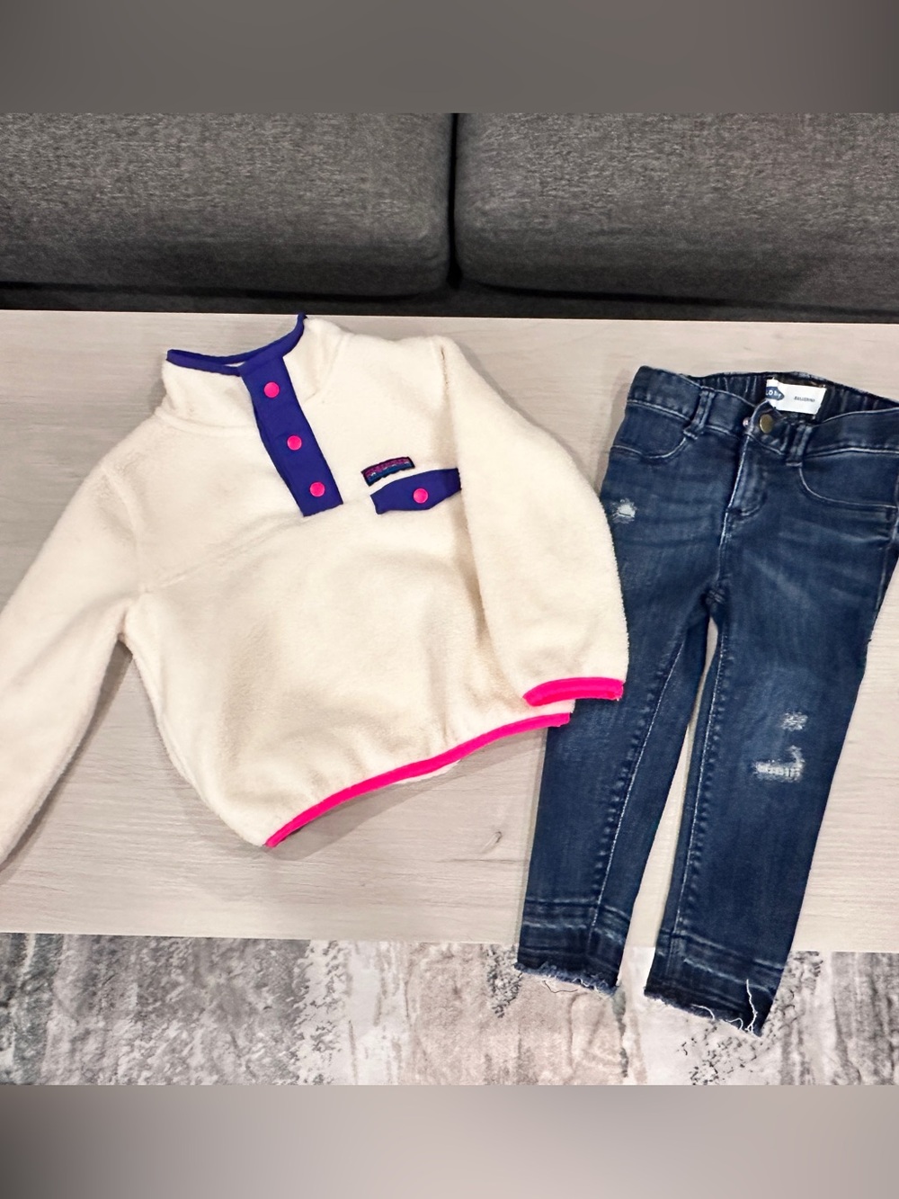 GAP Cream Fleece Pullover with Purple Placket and Pink Trim and Old Navy jeans